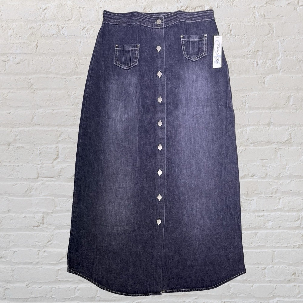 Marla Kim Black Fade Wash Button Maxi Jean Skirt‎ Denim Size M Cowgirl Boho NWT